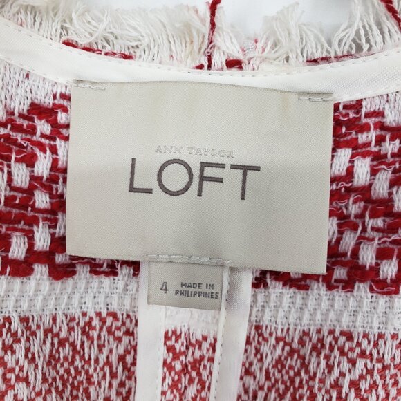 LOFT Fringe Trim Geometric Tweed Open Front Blazer Jacket 4 Red Orange - Picture 3 of 9